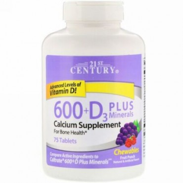 21st Century, 600 + D3 プラスミネラル 噛める錠剤, フルーツパンチ, 75 錠 (Discontinued Item)