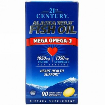 21st Century, Alaska Wild Fish Oil, Mega Omega 3, 1950 mg /1350 mg, 90 Enteric Coated Softgels