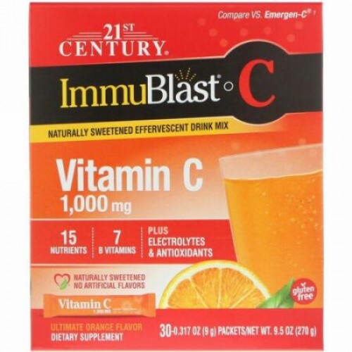 21st Century, イムブラストC、発泡性ドリンクミックス、アルティメットオレンジ、1,000 mg、30包、317オンス（9 g）