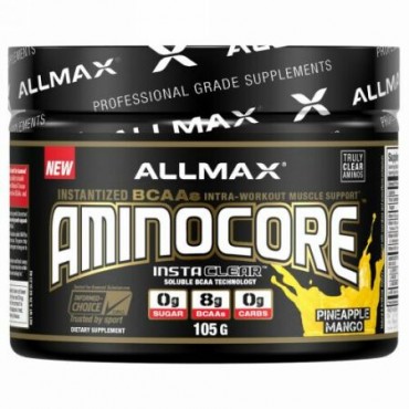 ALLMAX Nutrition, アミノコア、BCAA、BCAA 8グラム、100%純粋 45:30:25の比率、グルテンフリー、パイナップル・マンゴー、 3.70 oz (105 g) (Discontinued Item)
