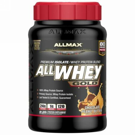 ALLMAX Nutrition, オールホエイゴールド、100％ホエイタンパク質+プレミアムホエイタンパク質アイソレート、チョコレートピーナッツバター、2ポンド (907 g)