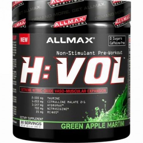 ALLMAX Nutrition, H:VOL、一酸化窒素プレワークアウト + 血管血流増大剤、グリーンアップルマティーニ、10.1オンス (285 g) (Discontinued Item)