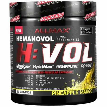 ALLMAX Nutrition, H:VOL、一酸化窒素プレワークアウト + 血管血液増大剤、パインアップルマンゴー、10.1オンス (285 g) (Discontinued Item)
