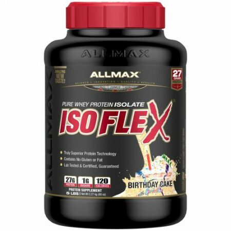 ALLMAX Nutrition, アイソフレックス, 100%ウルトラピュア・ホエイタンパク質アイソレート （WPIイオン 荷電粒子）, 誕生ケーキの味, 5 lbs (2.27 kg) (Discontinued Item)