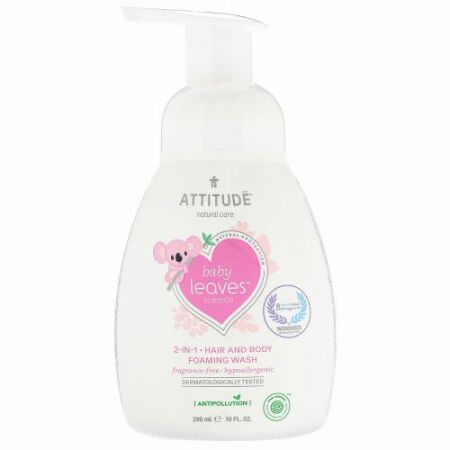 ATTITUDE, ベビーリーフサイエンス、2-イン-1 ヘア＆ボディフォーミングウォッシュ、無香料、10液量オンス (295 ml) (Discontinued Item)