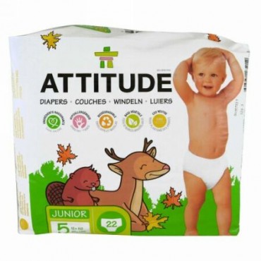 ATTITUDE, 環境に優しいおむつ、ジュニア、サイズ 5、27+ lbs (12+ kg)、オムツ 22 個 (Discontinued Item)