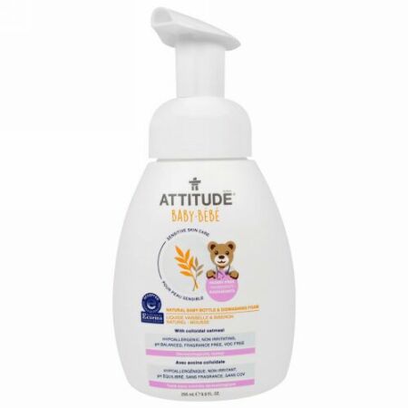 ATTITUDE, ベビー用、赤ちゃん用ボトルに入った無添加食器洗い泡洗剤、295ml