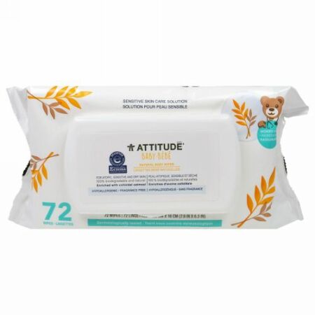 ATTITUDE, ベビー用、ナチュラルウェットティッシュ、無香料、72本 (Discontinued Item)