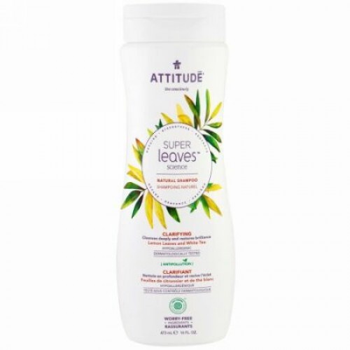 ATTITUDE, スーパーリーブスサイエンス、天然シャンプー、浄化効果、レモンの葉＆ホワイトティー、16 オンス (473 ml) (Discontinued Item)