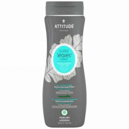 ATTITUDE, スーパーリーブスサイエンス、天然シャンプー＆ボディウォッシュ、2イン1 頭皮ケア、クロヤナギ＆アスペン、16 オンス (473 ml) (Discontinued Item)