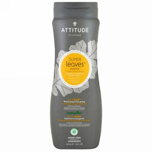 ATTITUDE, スーパーリーブスサイエンス、天然シャンプー＆ボディウォッシュ、2 イン1 スポーツ、高麗人参 & ブドウ種子油、16 オンス (473 ml) (Discontinued Item)