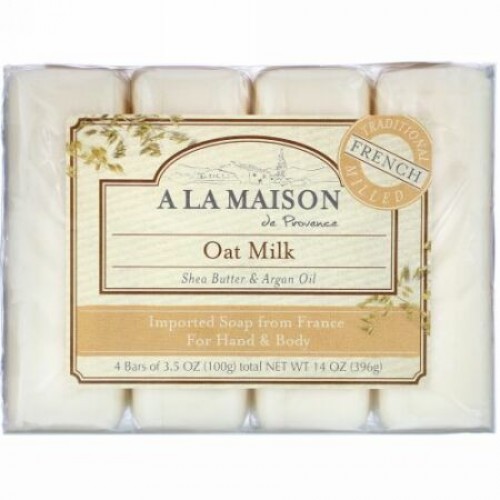 A La Maison de Provence, ハンド & ボディ バーソープ、オーツ ミルク、4バー、各3.5オンス(100 g)