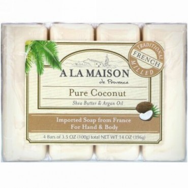 A La Maison de Provence, ハンド& ボディバー ソープ、 ピュア ココナッツ、 4バー、 各3.5 oz