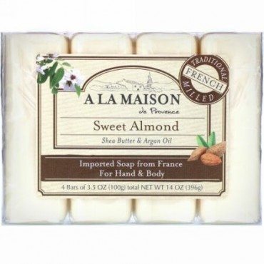 A La Maison de Provence, ハンド& ボディバー ソープ、 スイートアーモンド、 4バー、 各3.5 oz