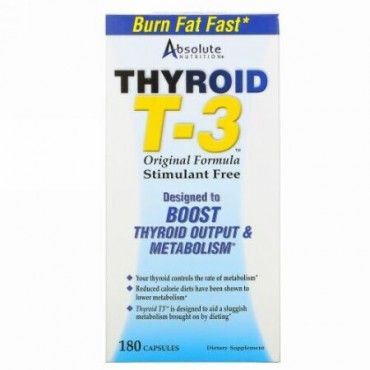 Absolute Nutrition, Thyroid T-3、オリジナル・フォーミュラ、カプセル180錠