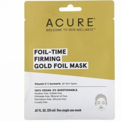 Acure, フォイルタイムの肌を引き締めるゴールドフォイルマスク、使い捨てマスク1枚、0.67 fl oz (20 ml) (Discontinued Item)