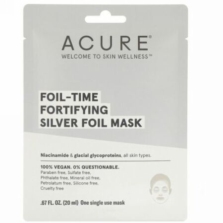 Acure, フォイルタイムの肌を強化するシルバーフォイルマスク、使い捨てマスク1枚、0.67 fl oz (20 ml) (Discontinued Item)