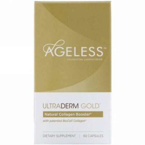 Ageless Foundation Laboratories, UltraDerm Gold（ウルトラダーマ ゴールド）、ナチュラルコラーゲンブースト特許取得済みのBioCell（バイオセル）　コラーゲン配合、カプセル60粒