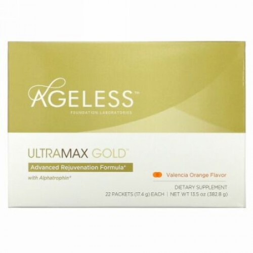 Ageless Foundation Laboratories, ウルトラマックスゴールド（UltraMax Gold）, Alphatrophinを使用した高度な若返りフォーミュラ, バレンシアオレンジ風味, 22パケット, 各13.5オンス（17.4 g）