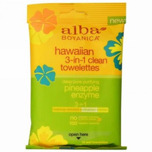 Alba Botanica, ハワイアン3-in-1クリーンウェットティッシュ、パイナップル酵素、ティッシュ10枚 (Discontinued Item)