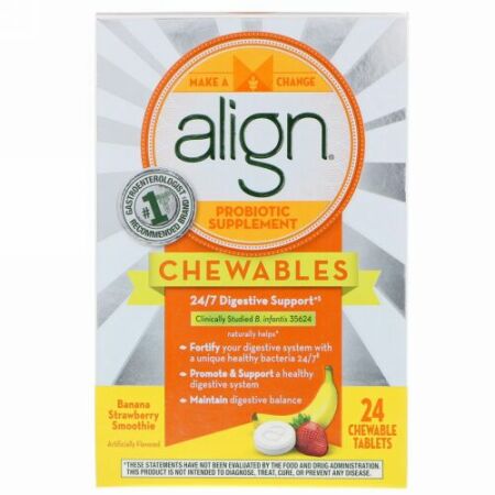 Align Probiotics, 24/7消化サポート、プロバイオテックサプリメント、チュアブル、バナナストロベリースムージー、24チュアブル錠 (Discontinued Item)