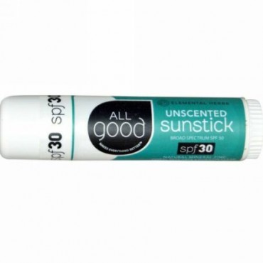 All Good Products, Sunstick, Zinc Sunscreen, SPF 30, Unscented, .6 oz (Discontinued Item)
