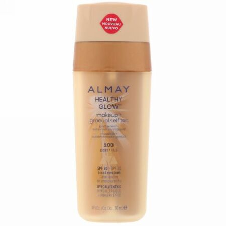 Almay, ヘルシーグローメイクアップ + グラデーションセルフタン、100、ライト、SPF 20、1液量オンス (30 ml) (Discontinued Item)
