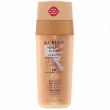 Almay, ヘルシーグロウメイクアップ+グラデュアル セルフタン、200、ライト／ミディアム、SPF 20、1 fl oz (30 ml) (Discontinued Item)
