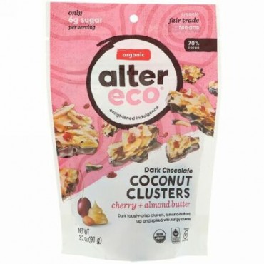 Alter Eco, Dark Chocolate Coconut Clusters, Cherry + Almond Butter, 70% Cocoa, 3.2 oz (91 g) (Discontinued Item)