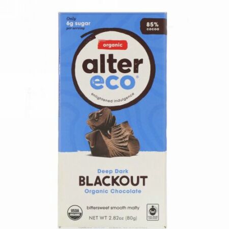 Alter Eco, オーガニックチョコレートバー、ディープダークブラックアウト、カカオ85％、80g（2.82オンス）