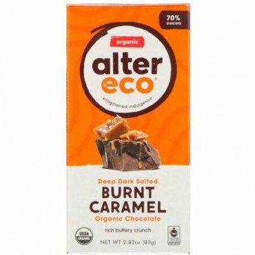 Alter Eco, オーガニックチョコレートバー、ディープダーク焦がし塩キャラメル、カカオ30％、80g（2.82オンス）