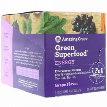 Amazing Grass, Green Superfood, Effervescent Greens Energy, Grape Flavor, 6 Tubes, 10 Tablets Each (Discontinued Item)