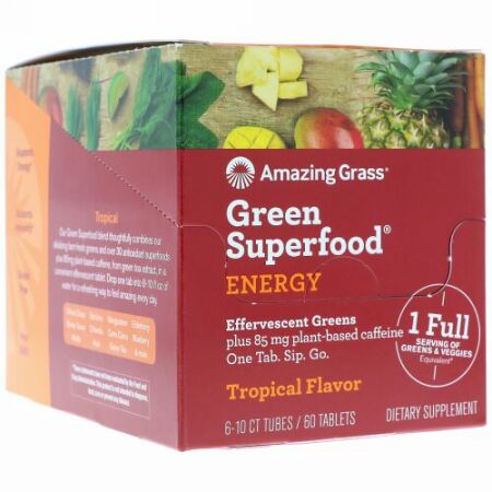 Amazing Grass, Green Superfood, Effervescent Greens Energy, Tropical Flavor, 6 tubes, 10 Tablets Each (Discontinued Item)
