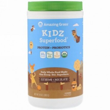Amazing Grass, キッズ・スーパーフード、タンパク質+プロバイオティクス、エクストリーム・チョコレート、10オンス（285g） (Discontinued Item)