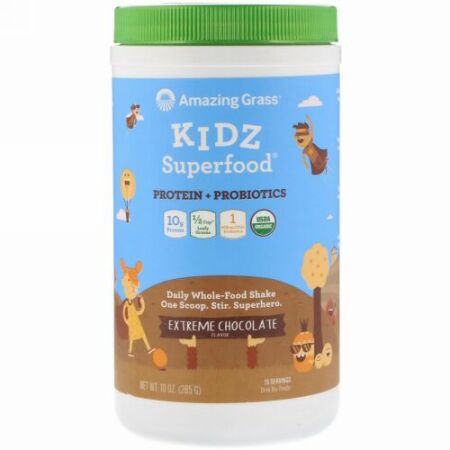 Amazing Grass, キッズ・スーパーフード、タンパク質+プロバイオティクス、エクストリーム・チョコレート、10オンス（285g） (Discontinued Item)