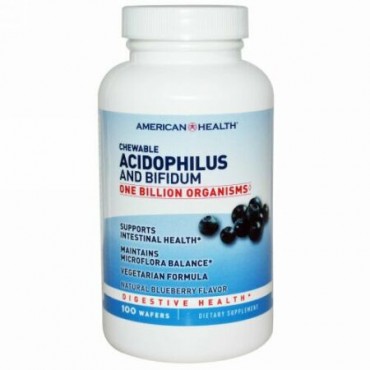 American Health, チュアブルアシドフィルスとビフィデュム, ナチュラルブルーベリー味, 100 ウエハー (Discontinued Item)