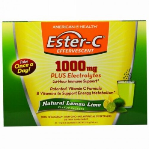 American Health, エスター-C発泡性、ナチュラルレモンライムフレーバー、1000 mg、21パック、各0.35オンス（10 g） (Discontinued Item)