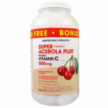 American Health, スーパーチュアブル アセロラプラス、 ナチュラルベリーフレーバー、 500 mg、 300チュアブルウエハース