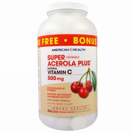American Health, スーパーチュアブル アセロラプラス、 ナチュラルベリーフレーバー、 500 mg、 300チュアブルウエハース