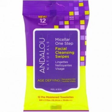 Andalou Naturals, 老化防止、ミセルラ・ワンステップ・フェイシャルクレンジングスワイプ、湿潤タオレット12枚 (Discontinued Item)