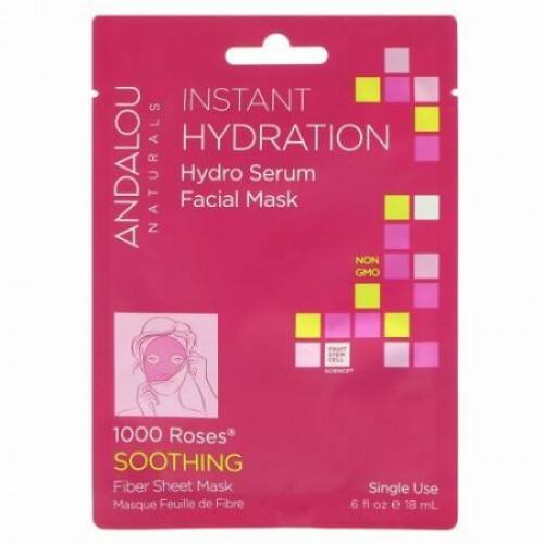 Andalou Naturals, インスタントハイドレーション、 ハイドロセラム・フェイシャルマスク、 使い捨てファイバーシートマスク1枚、 .6 液量オンス (18 ml)