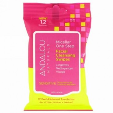 Andalou Naturals, センシティブ、ミセルラ・ワンステップ・フェイシャルクレンジングスワイプ、湿潤タオレット12枚 (Discontinued Item)