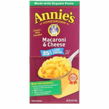 Annie's Homegrown, Macaroni & Cheese, Classic Mild Cheddar, Less Sodium, 6 oz (170 g)
