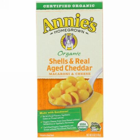 Annie's Homegrown, 認定オーガニック シェル & ベイクド エイジド チェダー、 マカロニ & チーズ、 6 oz (170 g) (Discontinued Item)