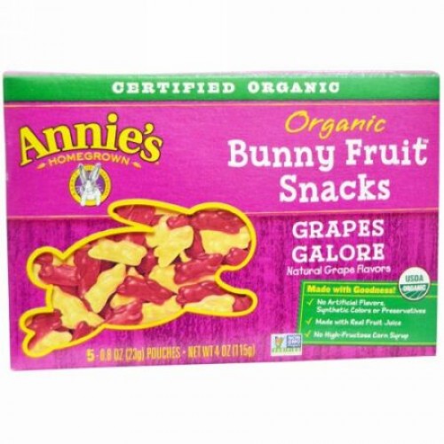 Annie's Homegrown, オーガニック バニーフルーツスナック、グレープスガロア、5個、各0.8 oz (23 g) (Discontinued Item)