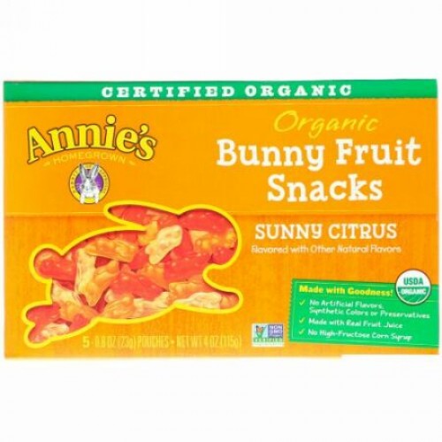Annie's Homegrown, オーガニック・バニーフルーツ™ スナック, サニーシトラス, 5 袋, 各 0.8 オンス (23 g) (Discontinued Item)