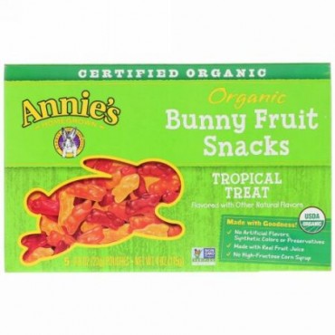 Annie's Homegrown, オーガニック バニー フルーツ スナック, トロピカル トリート, 5 袋, 各0.8 oz (23 g)