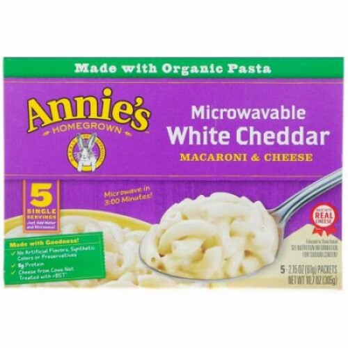 Annie's Homegrown, Organic Microwavable Macaroni & Cheese, White Cheddar , 5 Packets, 2.15 oz (61 g) Each (Discontinued Item)