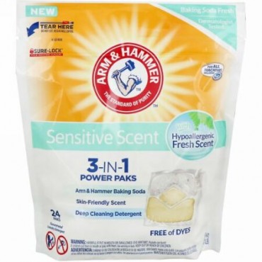 Arm & Hammer, 敏感肌用3-イン-1パウダーパック洗濯用洗剤、フレッシュな香り、24パック (Discontinued Item)
