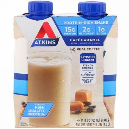 Atkins, カフェ キャラメル シェイク, 4 シェイク, 各11 fl oz (325 ml) (Discontinued Item)